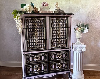 Vintage Dresser | Bassett Dresser | Whimsical Dresser | Tall Dresser | Pink Dresser | Painted Dresser | Harlequin Dresser | Gothic Dresser