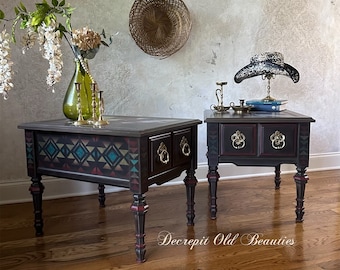 Vintage Nightstands/Southwestern Style Nighstands/Boho Western Style/Aztec Tribal Decor End Tables/Side Tables/ SHIPPING NOT INCLUDED