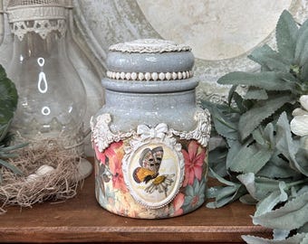 Decorative Glass Jar with Lid | Ornate Jar with Lid | Upcycled Jar | Storage Jar | Shabby Chic Jar | French Cottage Jar | Glass Lidded Jar