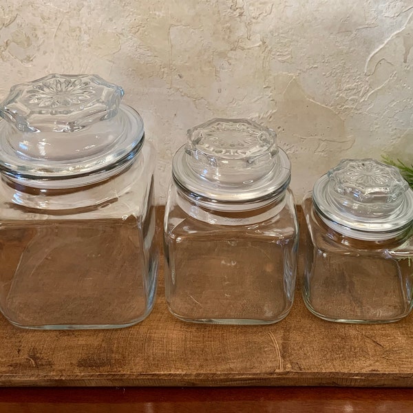 Set of 3 Vintage Apothecary Jars with Lid|Glass Canister Jars|Square Glass Jars with Lid |Glass Storage Containers|Clear Glass Storage Jars