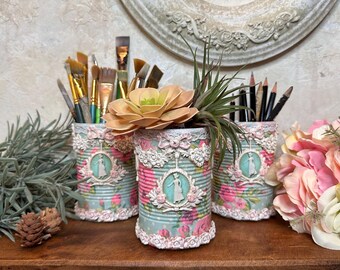 Handcrafted Decorative Tin Can/Upcycled Tin Can Decor/Paint Brush Pencil Holder/Decoupage Tin Can/Shabby Chic Decor/ French Cottage Decor/