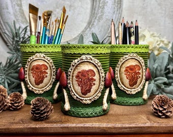 Handcrafted Decorative Tin Can/Upcycled Tin Can Decor/Paint Brush Pen Holder/French Cottage Tin Can Decor/Naturecore Decor/ Mushroom Decor/