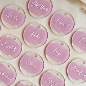 Personalisierbare Namensschilder Namenskarten Platzkarten rund mit Loch Acryl Plexiglas Hochzeit Geburtstag Gastgeschenk Tischdekoration 7 cm
