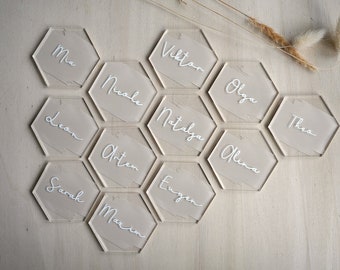 Personalisierbare Namensschilder Namenskarten Platzkarten Acryl Plexiglas Hochzeit Geburtstag Feier Gastgeschenk Tischdekoration Sechseck 7cm