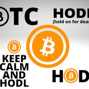 May include: A white background with black text that reads "BTC HODL [hold on for dear life]" and "KEEP CALM AND HODL". There are three orange circles with a white Bitcoin symbol in the centre. The circles are different sizes.