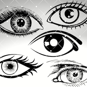 Puede incluir: Cinco ilustraciones en blanco y negro de ojos humanos. Cada ojo está dibujado en un estilo diferente, con diferentes niveles de detalle. Los ojos están todos cerrados y las pestañas son prominentes.