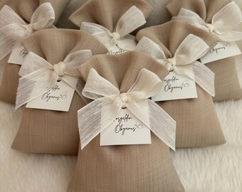 Personalized Linen Lavender Sachets: Baby Shower Favors, Beige Fabric Bags for Baby or Wedding