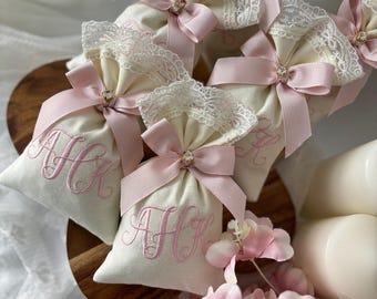 Personalized Monogram Lavender Sachet – Embroidered Lace Party Favor – Baby Shower Baptism Keepsake