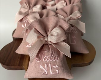Embroidered Name Lavender Bags: Pink Linen Baby Shower Favors