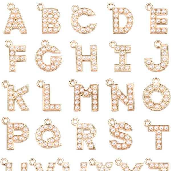A-Z Light Gold Ivory Pearl Letter Pendant | Alphabet Initial Enamel Charm | 1 PC Alloy Charm | Pearl Charm | Letter Charm
