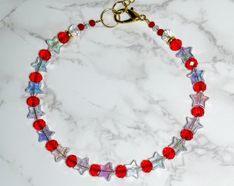 ADORE! Red Glass Crystal Rondelle Beads 8MM and Clear Iridescent Stars Beaded Necklace - Star Choker