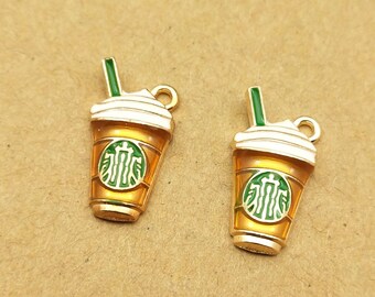 COFFEE GOLDEN Latte Frappe Cafe Resin Enamel Gold Metal Charm 1 PC Pendant Classic Free Shipping Gift Pets Kids