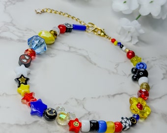 Mismatched Y2K Superhero Necklace | Blue - Red - Yellow - Black - White - Gold Beaded Necklace | Super Dog Necklace