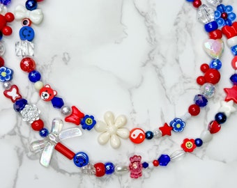 Mismatched Y2K Red White Blue Pearl Clear Necklace | Y2K Necklace | 4th of July Mismatched Choker | Independence Jewelry