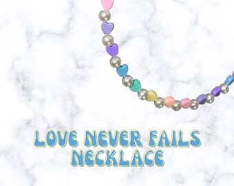 LOVE NEVER FAILS! Pastel Rainbow Heart Beads and Ivory Pearl Beads 8MM Bubblegum Bead Mix Necklace! Valentines Day