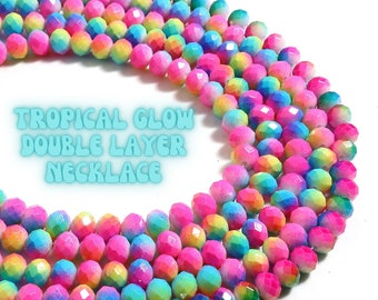 TROPICAL GLOW! Opaque Rainbow Ombre Chinese Glass Crystal 8MM Rondelle Double Layer Beaded Necklace! Rainbow Necklace | Crystal Necklace