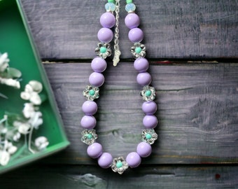 FRENCH LAVENDER! Lavender Chalk Matte Beads and Clear Translucent Mint Flower Beads 12MM Necklace | Flower Power | Nostalgia Necklace