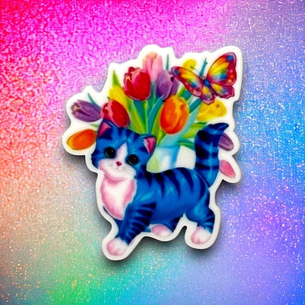 LF Cat Spring Flowers Planar | Rainbow Charm | 1 PC Resin Acrylic Flatback | Cartoon Animal | Kawaii | Tulips