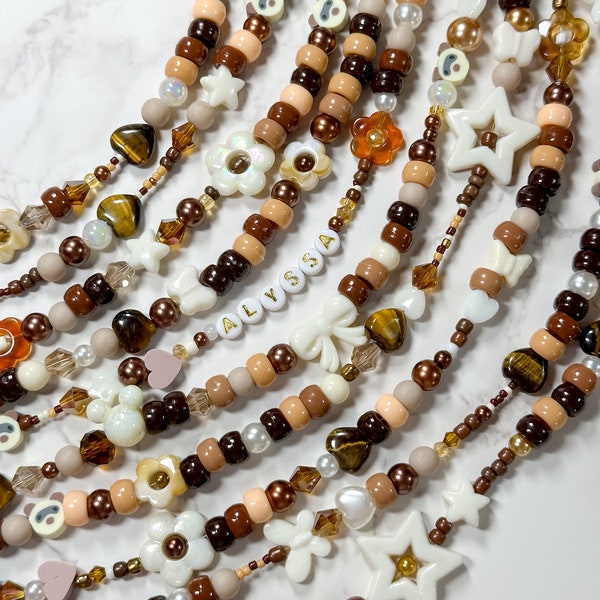 Mismatched Y2K French Cafe Necklace | Ivory - Tan - Brown - Vanilla Beaded Necklace | Bakery Vibes