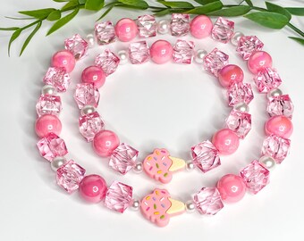 FUDGE or STRAWBERRY! Pink - Baby Blue - Pearls 12MM and 20MM Bubblegum Bead | Ice Cream Sprinkles Silicone Bead Necklace with Free Charms!