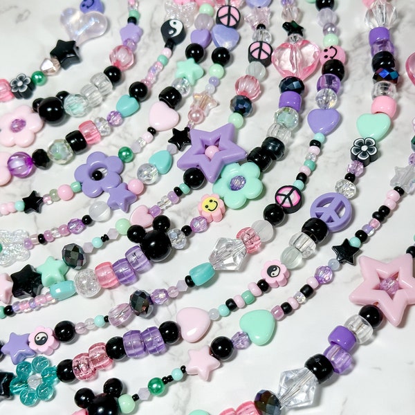 Mismatched Y2K Spooky Ghoul Necklace | Clear Iridescent - Pastel Pink - Mint - Lavender Purple - Black Necklace | Pastel Goth | Halloween