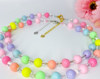 PASTEL CANDY! Rainbow Colored Beads 12MM Bubblegum Bead & Bicone Crystal Clear Glass 8MM Beaded Necklace | Spring | Pride Necklace | Kandi