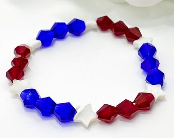 8MM Crystal Clear - Siam Red - Royal Blue Glass & Mother of Pearl Star Bead Bracelet! July 4th Bracelet | Trendy | Shell Pearl Bracelet