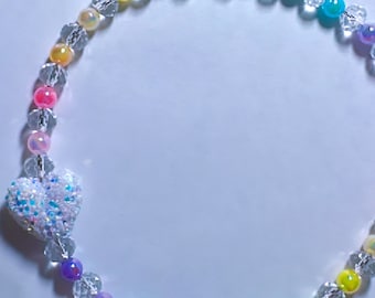 ¡ERA DESCONECTADA! Cuentas de cristal transparente Rondelle de 8 mm - Cuentas iridiscentes multicolores de 6 mm - ¡Collar con cuentas de corazón de brillo grueso!