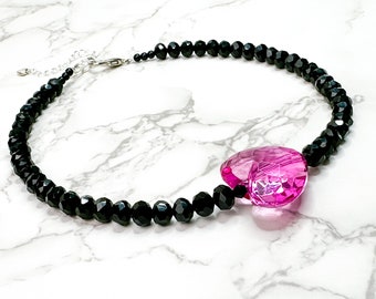 Ms. STEAL yo MAN! Black Crystal Facet 8MM Bead and Hot Pink Heart Bead Bubblegum Necklace!