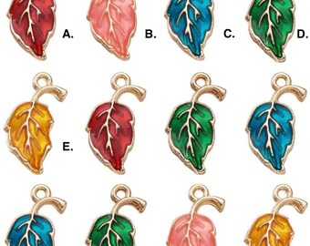 FALL AUTUMN LEAFS Red Golden Peach Green Blue Yellow Palm Tree Leaf Enamel Gold Charm Pendant Great Gift for Pets and Kids!