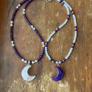 crystal beaded inverted necklaces with amethyst and moonstone beads and moon pendants, sterling silver beads, hippie, boho, free shipping