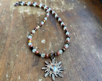 crystal beaded choker with silver sun pendant, sun jewelry, sun choker, tiger's eye, citrine, goldstone, hippie, boho, silver, free shipping