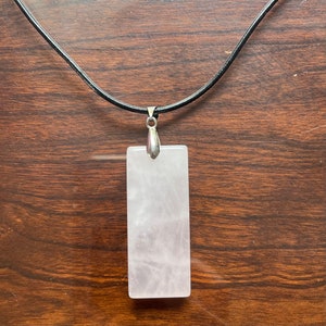 black leather necklace with rectangle rose quartz pendant, crystal, gemstone, love, sterling silver, pendant, hippie, boho, free shipping