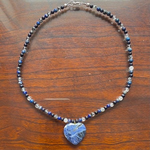 crystal beaded blue lightning necklace, rutilated quartz, blue goldstone, lapis lazuli, sodalite, gemstone, hippie, boho, free shipping