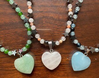 cherry blossom, poison ivy, blue moon crystal beaded matching necklaces, green aventurine, jade, rose quartz, aquamarine, coral, blue jade