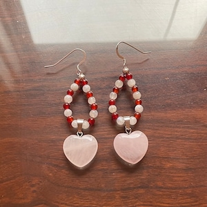 rose heart tear drop earrings, rose quartz earrings, carnelian, moonstone, crystal earrings, sterling silver, hippie, cottage core, fairy