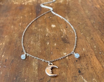 aquamarine crescent moon necklace, moon pendant, jewelry, silver chain, crystal, gemstone, crystal beads, y2k, boho, hippie, free shipping