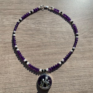 witch’s cat crystal beaded necklace, amethyst, moonstone, blue goldstone, halloween necklace, cat pendant, hippie, boho, free shipping