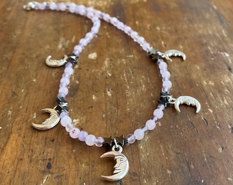 crystal beaded choker with hematite star beads and moon pendants, amethyst, rose quartz, jewelry, beaded necklace, hippie, free shipping