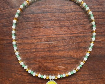 smiley face beaded necklace, green aventurine, citrine, moonstone, crystal, crystal gemstones, hippie necklace, hippie, boho, free shipping