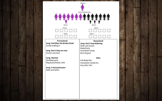 Wedding Dress Rehearsal Handout Wedding planning orginzation tools  Seating Chart Event planing