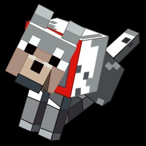 May include: A pixelated wolf in a running pose, rendered in a blocky style. The wolf features shades of gray, white, and tan, with a red collar. The background is solid black, emphasizing the character's design.