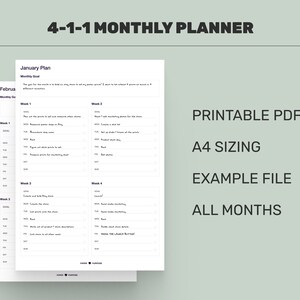 Pode incluir: Um planejador mensal imprimível em preto e branco com o título "4-1-1 Monthly Planner". O planejador é projetado para papel tamanho A4 e inclui uma seção para uma meta mensal, quatro semanas e tarefas diárias. O planejador é para todos os meses do ano.