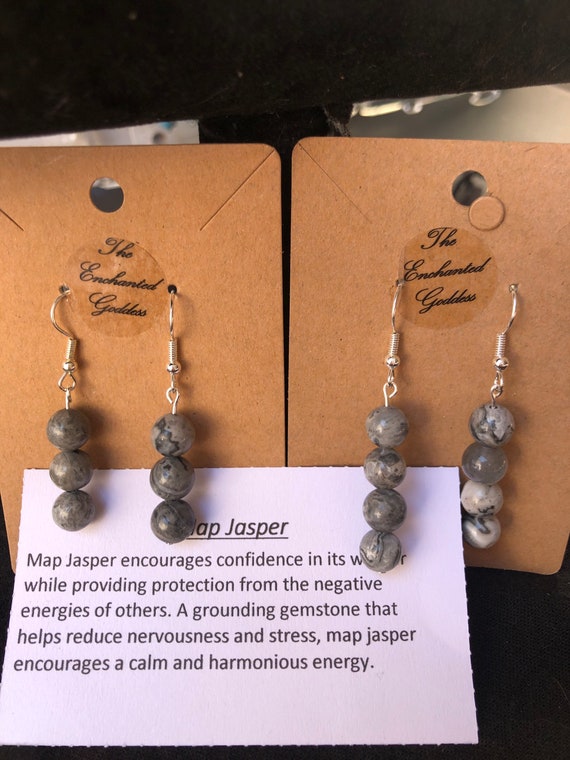 Map jasper grey swirly crystal gemstone earrings