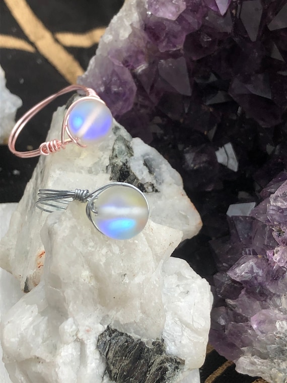 Rainbow Moonstone wire wrapped healing gemstone crystal ring; high vibe cleansing and charged crystal