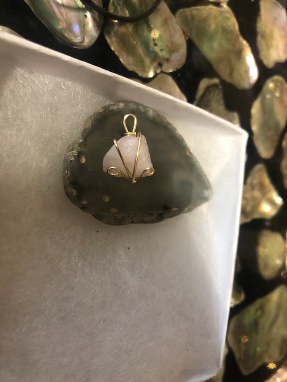 Raw geniune enchanted rose quartz gold wire wrapped pendant for self love, handmade gemstone pendant