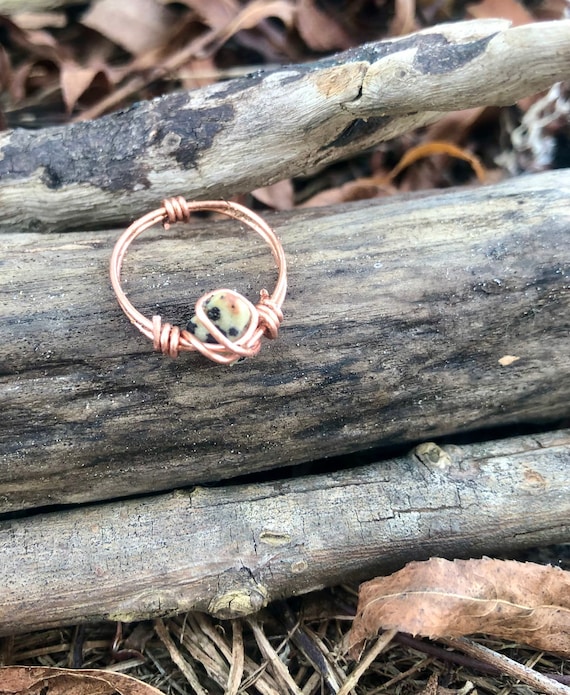 Grounding and protective Dalmatian jasper cleanly wire wrappped with copper that is tarnish resistant, cute simple crystal hand made ring
