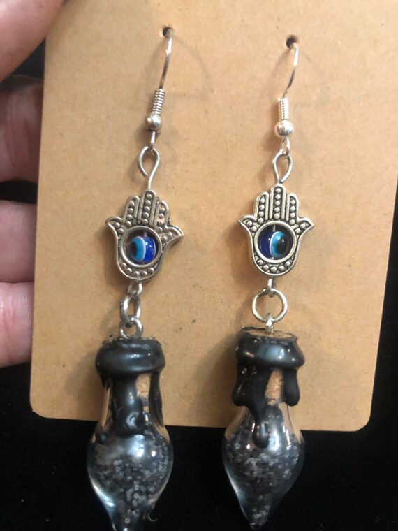 Witches black salt & hasma with evil eye protection drop earrings sealed with black wax talisman, amulet