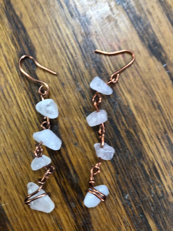 Rose quartz wire wrap drop crystal earrings in brass, copper, silver or gold