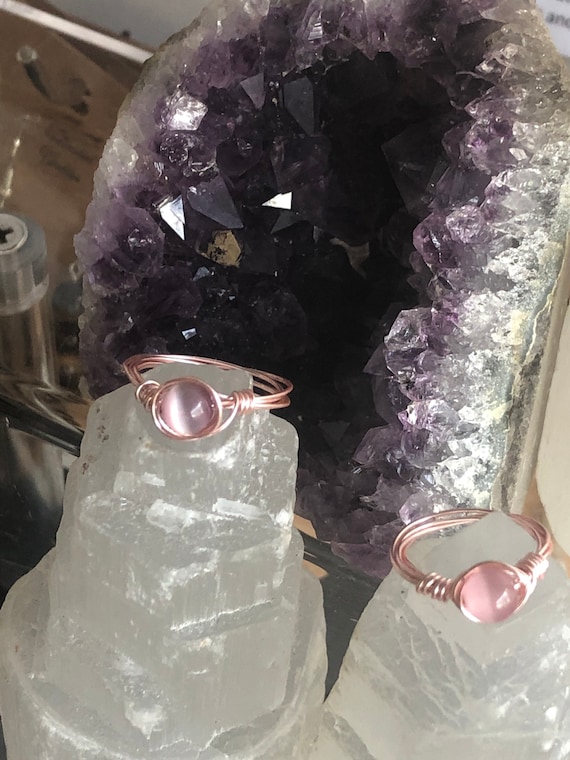 Pink cats eye wire wrapped in rose gold; enchanted talisman protective petite and fine wire wrapped by hand
